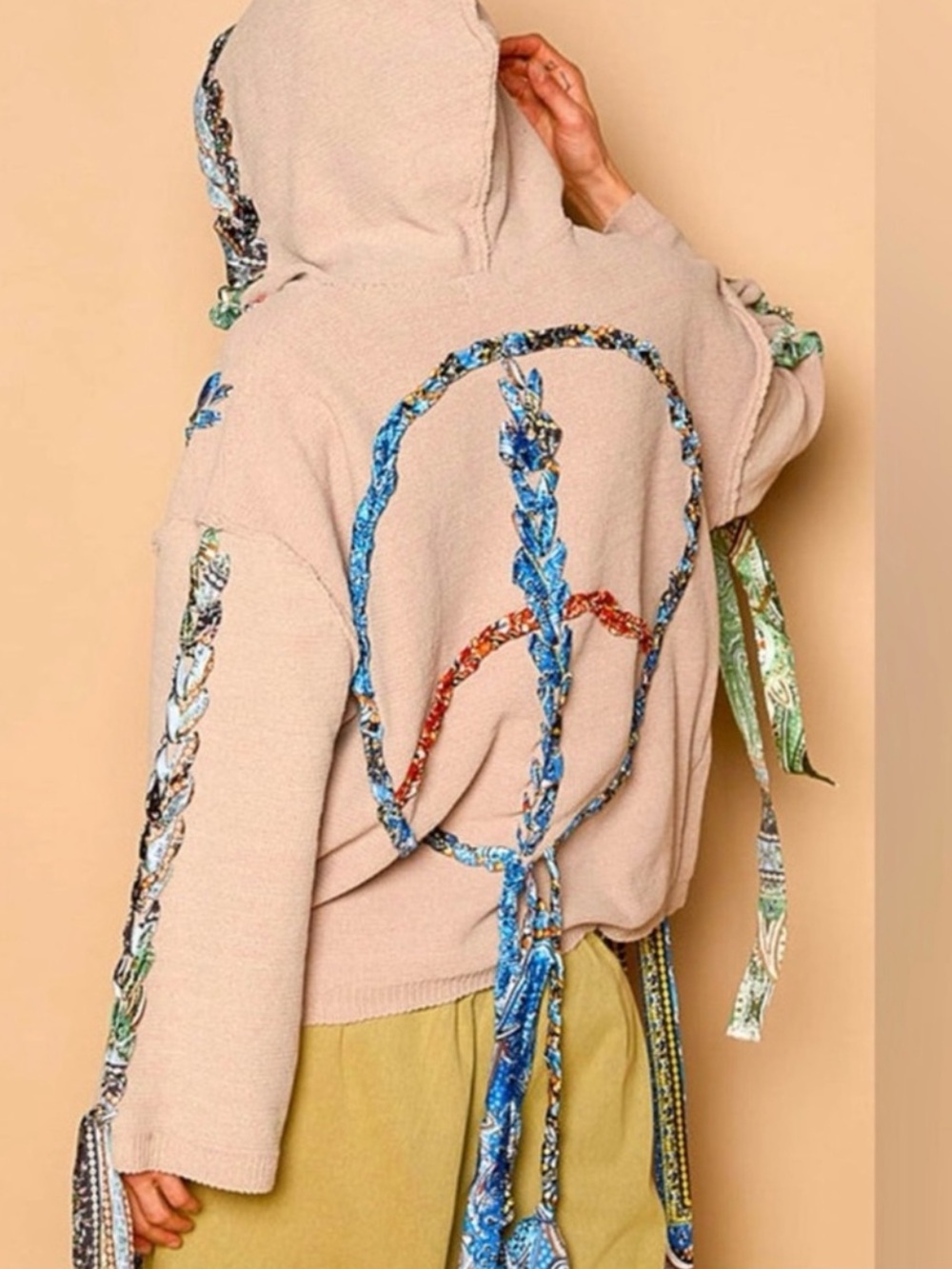 New: “Artisian” Mixed Color Braided Peace Sign Hooded Bohemian Sweater•